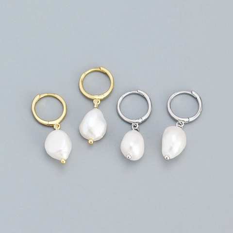 Orecchini A Cerchio Eleganti Con Perno In Argento 925 E Pendente Di Perla de Agua Dulce Barocca D'acqua Dolce Irregolare Per Donna