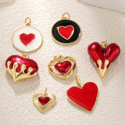 Colgante De Corazón Cobre Chapado En Oro Esmalte Rojo Para Creación De Joyas DIY Collares Pulseras Estilo Dulce Romántico