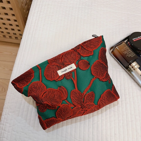 Neceser De Maquillaje Jacquard Floral Retro Bordado Vintage Verde Y Rojo Bolsa De Almacenamiento Con Cremallera Gran Capacidad Para Mujer