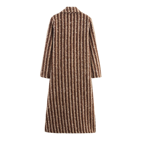 Abrigo Largo Mujer Estilo Británico Marrón Rayas Verticales Boucle Textura Lana Doble Botonadura Botones Dorados