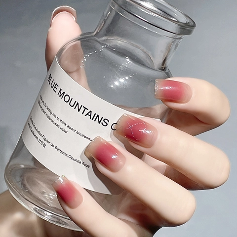 Uñas Postizas Press On Corazón Degradado Rosa Cortas Cuadradas Redondas Con Brillo Resina Elegantes