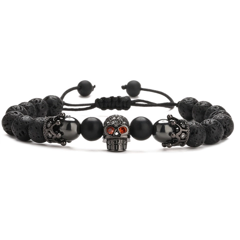 Beaded Bracelet Natural Tiger Eye Volcanic Stone Copper Micro Pave Crown Skull Adjustable Braided Rope Gothic For Men