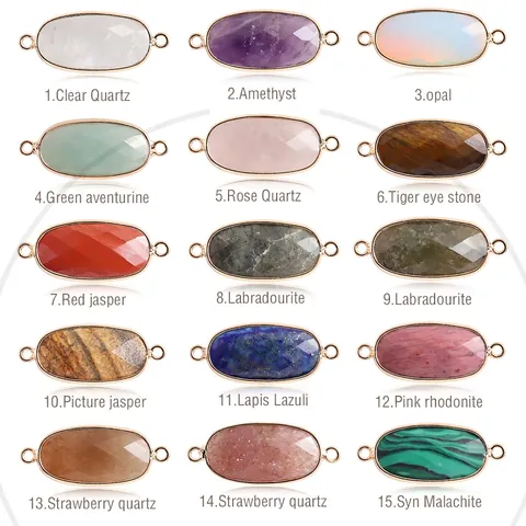 Oval Faceted Natural Crystal Stone Connectors With Gold Plated Copper Edge Double Loops DIY Jewelry Making