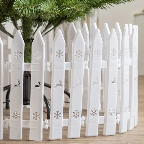 Christmas Tree Fence White PVC Plastic Hollow Snowflake Deer Pattern Interlocking Base Surround Festive Decoration