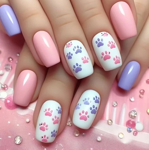 Lange Vierkante Press On Nagels Zoete Macaron Roze Paars Kattenpoot Patroon Acryl Kunstnagels Voor Dames Manicure Decoratie