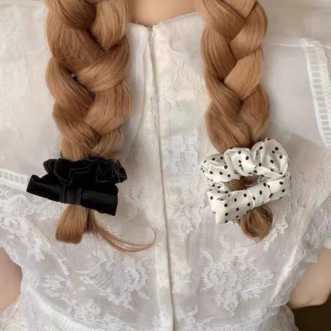 Satin Fabric Scrunchie Hair Tie Large Bow Knot Korean Style Sweet Elegant Pleated Ponytail Holder For Women