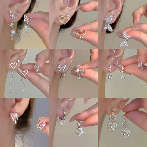 Fashion Alloy Rhinestone Butterfly Heart Star Stud Earrings With 925 Sterling Silver Earring Post For Women Jewelry Gift