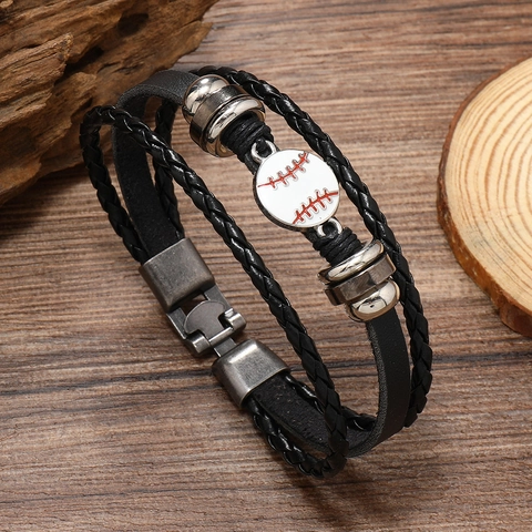 Men Multi-Layer Braided Leather Bracelet With Sport Ball Alloy Charm Basketball Soccer Football Volleyball Baseball Vintage Unisex Jewelry