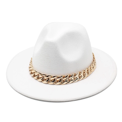 Fedora Hat Vintage British Style Woolen Felt Jazz Hat With Large Gold Metal Chain Wide Brim For Women And Men