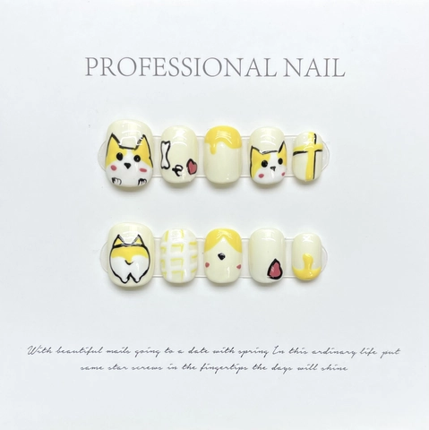 Corgi Dog Press On Nails Cute Cartoon Yellow White Resin Glossy Short False Nail Tips For Women Hand Painted Style