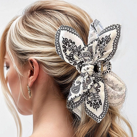 Grande Molletta Per Capelli Con Fiocco In Tessuto Stampa Paisley Elegante Shark Clip Per Donne Accessori