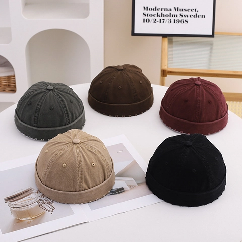 Vintage Washed Cotton Docker Hat Brimless Beanie Retro Street Miki Hat Adjustable Buckle Distressed Unisex
