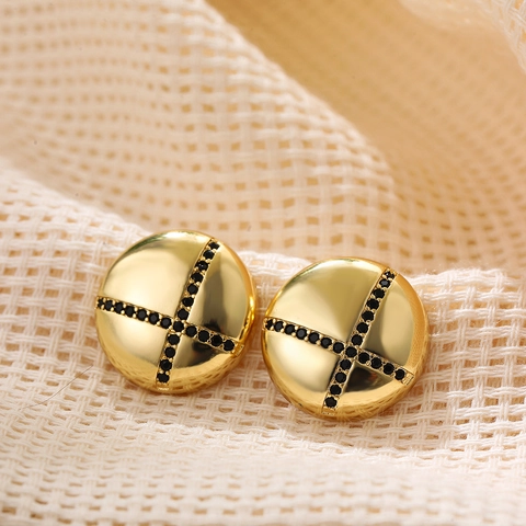 Geometric Copper Button Stud Earrings 18K Gold Plated Rhinestone Pave Cross Heart Round Square Earrings Fashion Jewelry Women