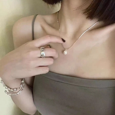 Collar Con Colgante De Perla Barroca Artificial Irregular Cadena De Serpiente Plateada Con Cuentas Joyería De Clavícula Para Mujer