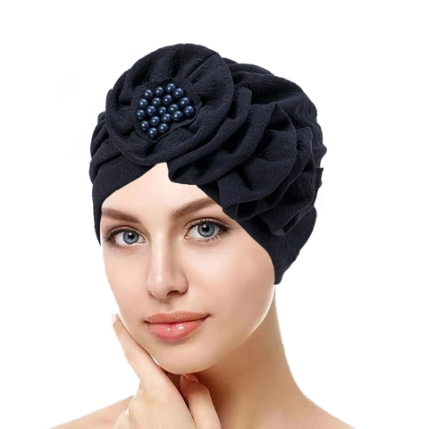 Cappello Turbante Arricciato da Donna Con Decorazione Floreale 3D Perle Artificiali Poliestere Tinta Unita Hijab Musulmano Moda
