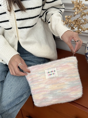 Trousse Per Trucco In Peluche Arcobaleno A Righe Morbida Soffice Organizzatore Di Cosmetici Per Viaggi Uso Quotidiano Donne Borsa