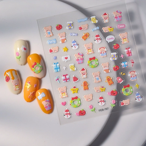 Autocollants À Ongles En Relief Imperméables Autocollants Dessin Animé Ours Fleur Animal Motifs Manucure Pour Femmes Filles