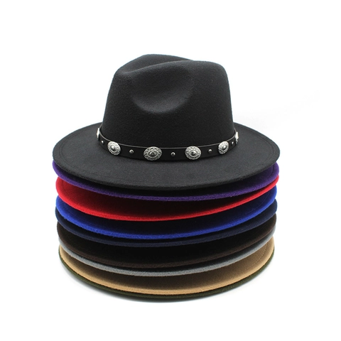 Chapeau Fedora Vintage Feutre De Laine Avec Bande En Cuir PU Et Clous En Métal Argenté Style Ethnique Western