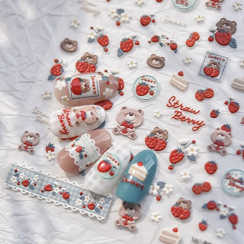 3D Embossed Nail Art Stickers Cartoon Bear Strawberry Floral Adhesive Decals For DIY Manicure Cute Beauty Decorations