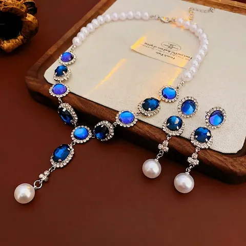 Collana E Orecchini Con Künstliche Perle E Strass Ovali Blu Per Donna Stile Lusso Vintage Con Perno In Argento Lega