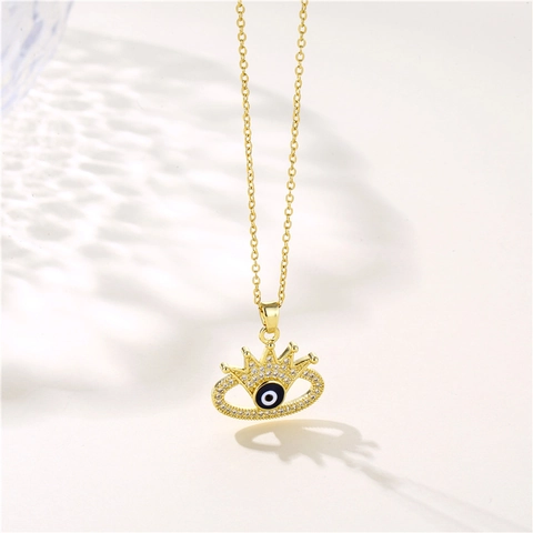 Evil Eye Crown Pendant Necklace Gold Plated Copper Stainless Steel Chain Rhinestone Zircon Jewelry For Women