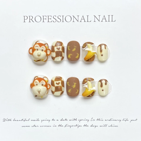 Handgemaakte Press On Nails 3D Cartoon Aap Banaan Geruit Ontwerp Kawaii Zoete Stijl Herbruikbare Manicure Voor Vrouwen
