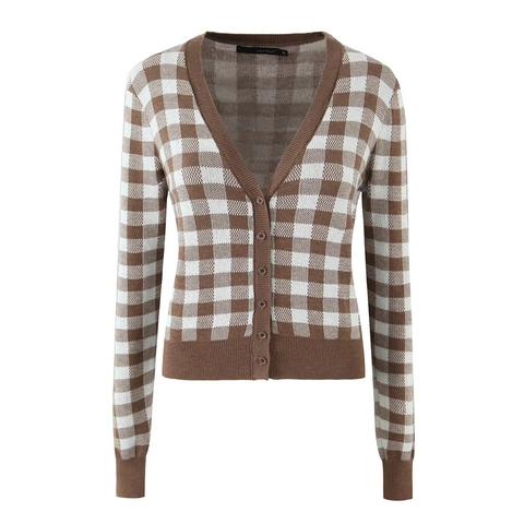 Geruite Gebreide Cardigan En Shorts V Hals Lange Mouwen Knoopsluiting Bruin Wit Casual Streetwear Dames