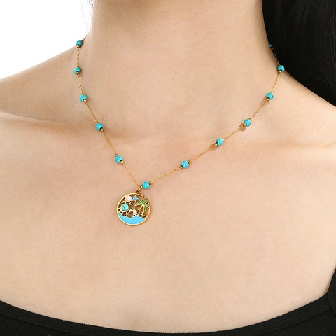 Stainless Steel Layered Necklace Ocean Dolphin Starfish Coconut Tree Turquoise Artificial Pearl Beach Vacation For Women