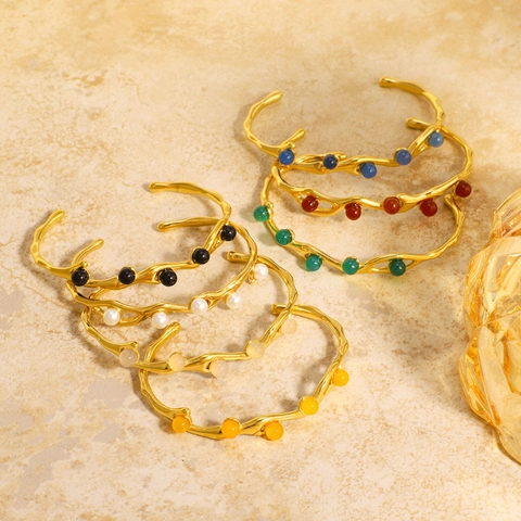Vintage 18K Gold Plated Stainless Steel Wave Open Bangle With Inlaid Colorful Beads For Women Hypoallergenic