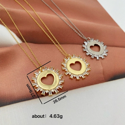 Heart Pendant Necklace Copper 18K Gold Plated Cubic Zirconia Sunburst Hollow Design Elegant Jewelry For Women