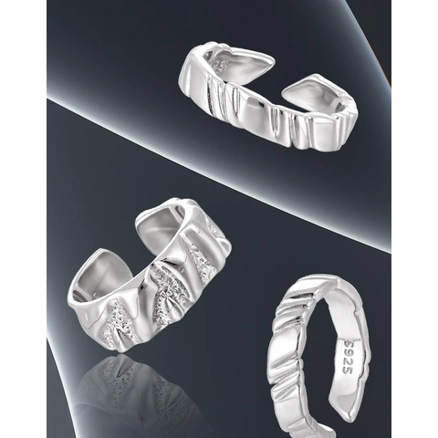 S925 Sterling Silver Ring Irregular Texture Wave Geometric Minimalist Adjustable Open Finger Jewelry For Women