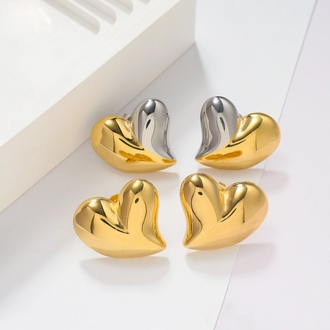 Stainless Steel 18K Gold Plated 3D Puffy Heart Stud Earrings For Women Trendy Minimalist Metallic Heart Earrings Jewelry Gift