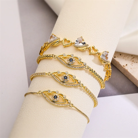 Bracciale Regolabile Cuore Malocchio Rame Placcato Oro Zircone Micro Pave Gioielli Di Moda Eleganti Regalo Per Donne