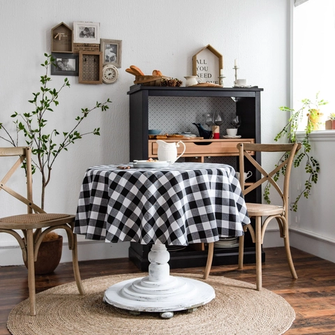 Nappe Ronde Coton Lin Buffalo Plaid À Carreaux Style Ferme Pour Table À Manger De Cuisine Décorative