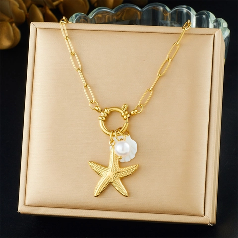 Collar Colgante Estrella De Mar Acero Inoxidable Chapado En Oro Perla Artificial Sintética Concha Cadena Clip Estilo Oceano Mujer