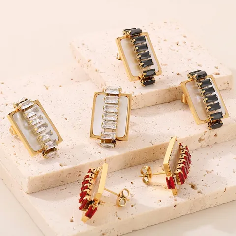Orecchini A Lobo Rettangolari In Acciaio Al Titanio Placcato Oro Madreperla Con Intarsio In Zirconia Gioielli Di Moda Eleganti Per Donna