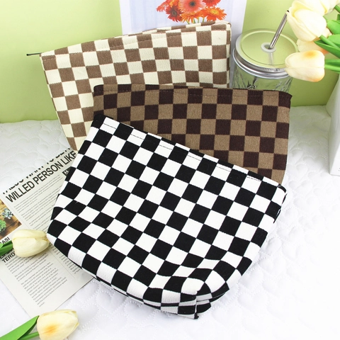Checkboard Corduroy Cosmetic Bag Makeup Pouch Portable Toiletry Organizer Handheld Travel Storage Case For Women