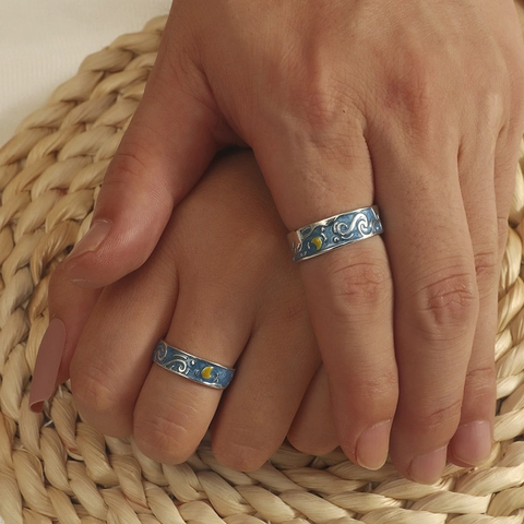 Vintage Starry Sky Pattern Alloy Enamel Open Adjustable Rings For Couples Romantic Artistic Jewelry Gift