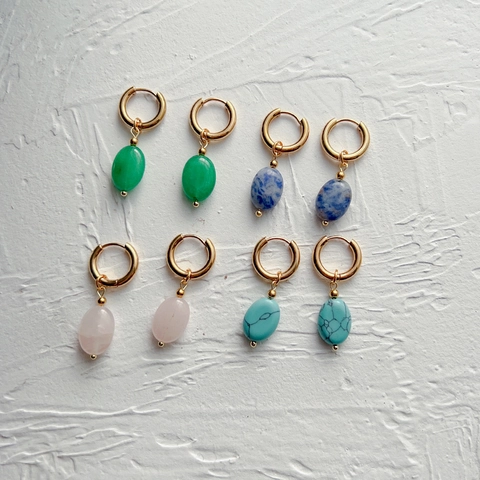 French Retro Hoop Earrings With Oval Natural Stone Pendants Stainless Steel Gold Plated Vintage Jewelry For Women