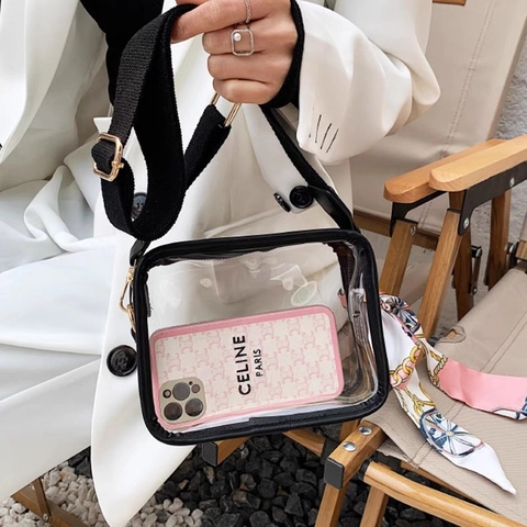 Women Transparent PVC Crossbody Jelly Bag Wide Fabric Strap Decorative Scarf Clear Square Shoulder Bag