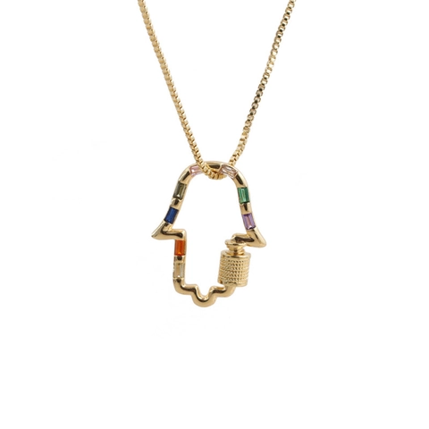 Collana In Rame Alla Moda Con Ciondolo A Moschettone A Vite In Zircone Colorato Mano Di Hamsa Croce Cuore Stella Quadrato Gioielli