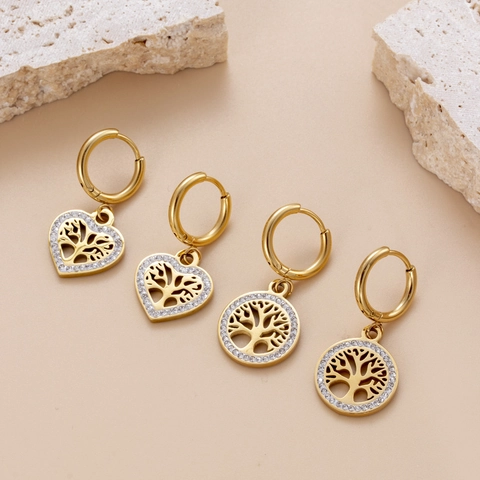 Tree Of Life Pendant Earrings Stainless Steel Gold Plated Zircon Heart Round Shape Vintage French Style For Women