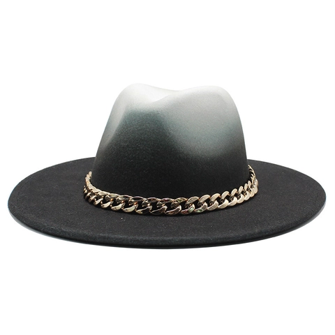 Woolen Felt Fedora Hat Wide Brim Ombre Gradient Patchwork With Gold Chain Fashion Jazz Party Cap For Men Women