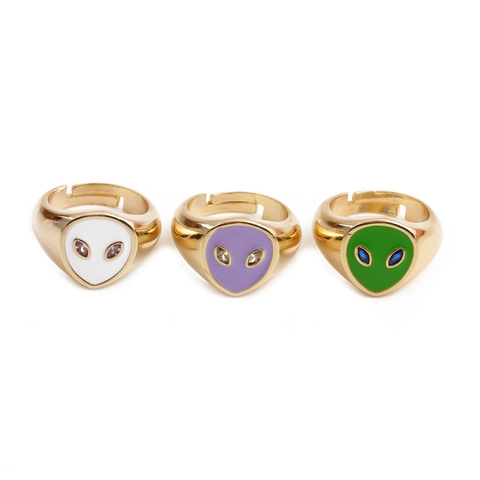 Anillo Abierto Ajustable Forma Alienígena Cobre Latón Esmalte Colorido Circón Ojos Piedras Preciosas Joyería Punk Vintage