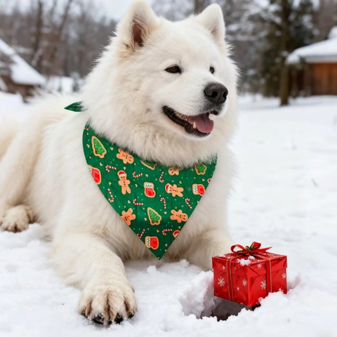 Christmas Pet Bandana Polyester Printed Triangle Scarf Holiday Bib For Dogs And Cats Santa Gingerbread Man Pattern