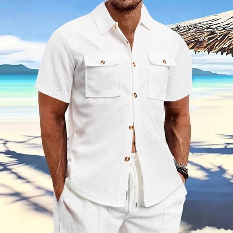 Uomo Camicia Maniche Corte In Maglia A Nido D'ape E Pantaloncini Completo Casual Da Spiaggia