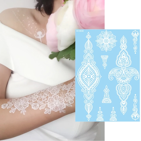 White Lace Temporary Tattoo Stickers Henna Mandala Pattern Waterproof Body Art For Women Wedding Party Beach Accessories