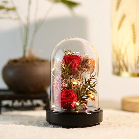 Rosa Stabilizzata In Cupola Di Vetro Con Luci LED Base In Legno Luce Notturna Romantica Per Regalo Di Anniversario