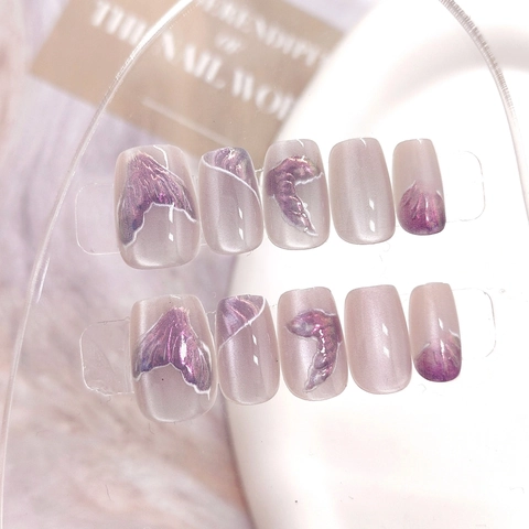 Handmade Press On Nails Mermaid Tail Design Cat Eye Purple Aurora Pearlescent Artificial Fake Nails For Women