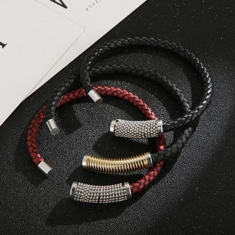 Men Braided Cowhide Leather Bracelet With Stainless Steel Magnetic Buckle Caviar Texture Industrial Punk Style Jewelry